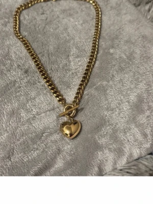 Guldfärgat halsband med hjärtberlock - Snyggt guldfärgat halsband med kraftig kedja och en blank hjärtformad berlock. Halsbandet har ett stilrent toggle-lås som gör det enkelt att ta av och på. Perfekt för att ge din outfit en trendig touch.