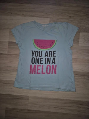 Ljusblå t-shirt med vattenmelontryck - Cool ljusblå t-shirt med ett färgglatt vattenmelontryck och texten 'You are one in a melon' på framsidan. T-shirten har rund hals och korta ärmar, perfekt för dig som gillar roliga prints och vill sticka ut lite extra.
