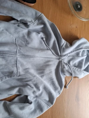 Ljusgrå hoodie med tryck - Säljer en ljusgrå hoodie med dragkedja och huva. På ryggen finns ett stort svartvitt tryck av en tjej med texten 'Guts'. Hoodien har fickor framtill och justerbara snören i huvan. Perfekt för dig som gillar streetstyle och coola prints.