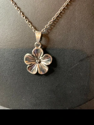 Silverhalsband med blomma - Snyggt halsband i silverfärg med ett hängsmycke format som en blomma. Kedjan är tunn och smidig, och blomman har fem blad med fina detaljerade linjer. Perfekt för dig som gillar stilrena och unika accessoarer.