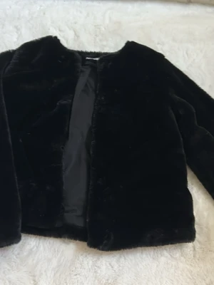 Svart pälsjacka från H&M - Snygg svart pälsjacka från H&M i storlek 158. Jackan har en klassisk rak modell med mjuk fuskpäls och slät insida. Perfekt för att hålla värmen under kalla vinterdagar och ger en trendig look.