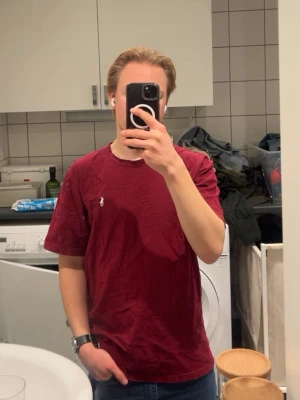 Vinröd t-shirt från Polo Ralph Lauren - Säljer en vinröd t-shirt från Polo Ralph Lauren i stl L men sitter som M. Klassisk logga broderad på bröstet. T-shirten är i bomull och har korta ärmar och rund halsringning. Perfekt för dig som gillar stilrena plagg med premiumkänsla.
