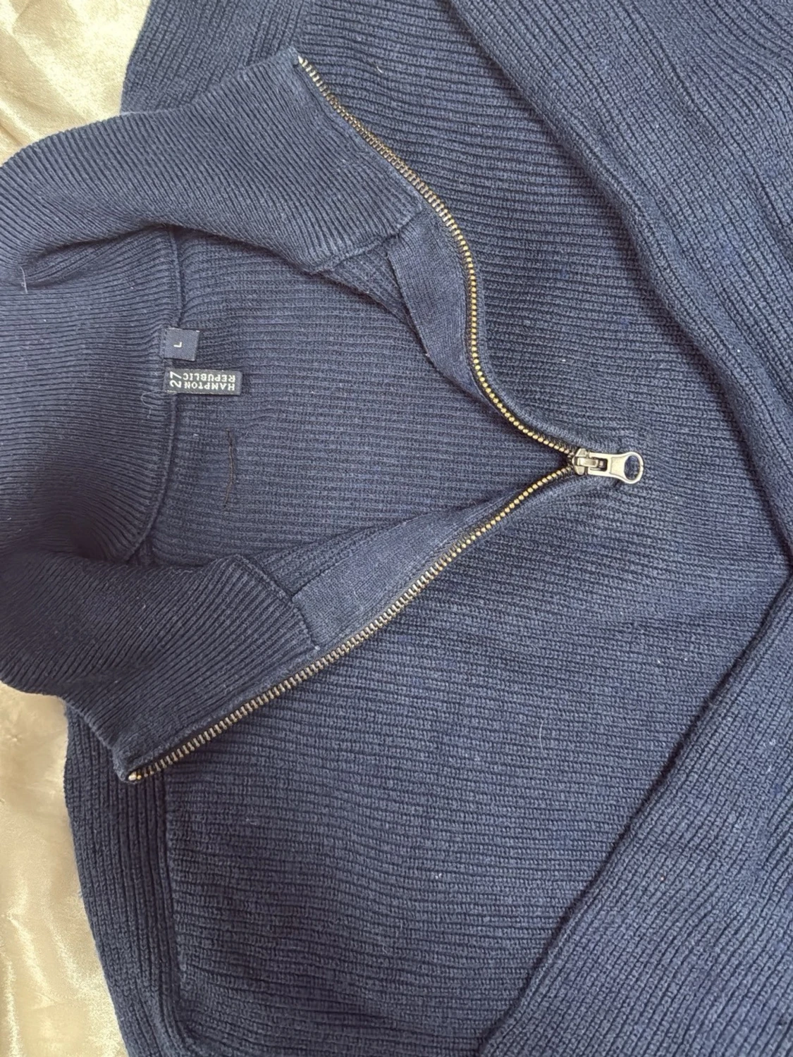 Marinblå stickad tröja med dragkedja - 1