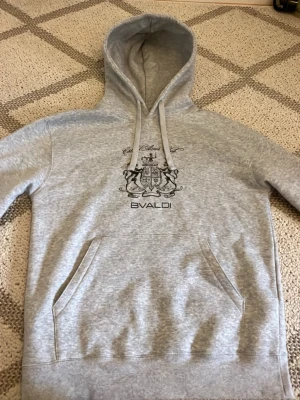 Grå hoodie från Bvaldi med tryck - Snygg gråmelerad hoodie från Bvaldi med svart tryck på bröstet och texten 'Côte Azur' samt ett stilrent vapensköldmotiv. Hoodien har huva med dragsko och en stor magficka. Perfekt för en avslappnad och trendig look. Fick denna av misstag av bvaldi när jag köpte nåt annat så fick denna på köpet därför är den ny.