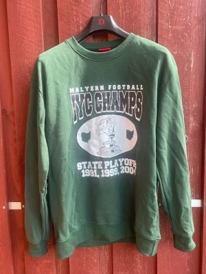 Grön college-tröja NYC Champs print - Grön sweatshirt med tryck fram och bak. På framsidan står det 'Malyern Football NYC Champs' och 'State Playoffs 1991, 1999, 2004' med ett stort motiv. Baksidan har texten '2004 Malvern Hornets 3rd Time's a Charm' och namnlista. Rund hals och ribbade muddar.