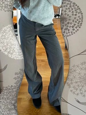 Gråa vida kostymbyxor - Säljer ett par gråa kostymbyxor med hög midja och vida ben. Byxorna har en klassisk pressveck framtill och stängs med dragkedja och knapp. Perfekta för en stilren och trendig look. (Lite stora för mig) och ej strykta 🤭