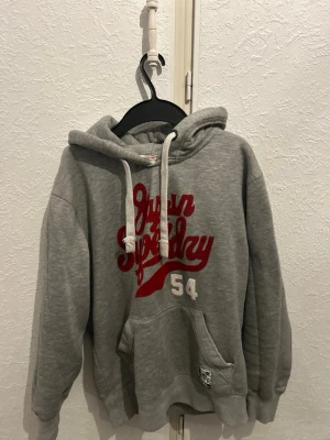 Grå Superdry hoodie med tryck - Snygg grå hoodie från Superdry med röd broderad text och siffran 54 framtill. Klassisk känguruficka, vit dragsko i huvan och mjukt material. Perfekt för en avslappnad streetstyle-look.