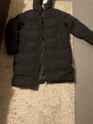 Svart lång dunjacka Jack & Jones - Säljer en svart lång dunjacka från Jack & Jones med hög krage och två stora fickor framtill. Jackan är tillverkad med återvunna fibrer och har en stilren, enkel design som passar perfekt för kalla vinterdagar. Jackan är helt ny 