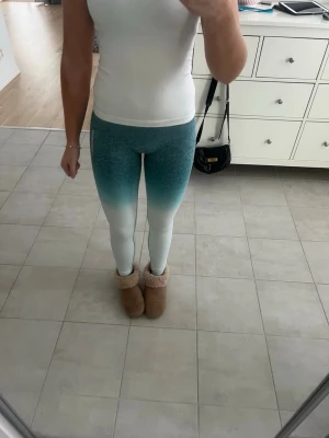 Seamless leggings Gymshark - Säljer ett par snygga seamless leggings från Gymshark i grönvit ombre. Hög midja och stretchigt material som sitter skönt och formar sig efter kroppen. Perfekta för gymmet eller yoga. Logga på vänster höft. Pris kan diskuteras vid snabb affär❤️