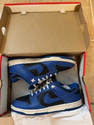 Nike Dunk Low Hyper Cobalt blå och svarta sneakers  - Säljer ett par Nike Dunk Low sneakers i blått och svart med vit sula och vita skosnören. Klassisk låg siluett med ikonisk Swoosh på sidan. Ovandelen är i läder och skon har en sportig vibe som passar till streetwear.