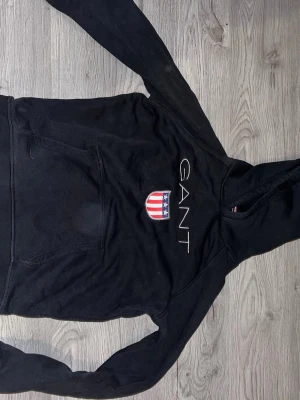 Svart hoodie från GANT med logga - Säljer en svart hoodie från GANT med broderad logga och amerikanskinspirerat märke på bröstet. Klassisk känguruficka framtill och huva. Perfekt för dig som gillar stilrena och sportiga plagg. Materialet känns mjukt och bekvämt. Storlek 15 years old/170cm 