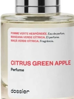 Citrus Green Apple parfym från Dossier - Fräsch parfym från Dossier med doft av citrus och grönt äpple. Flaskan är genomskinlig med silverfärgat lock och minimalistisk vit etikett. Toppnoter av citron, grönt äpple och lime, hjärtnoter av jasmin, ros och bluebell samt basnoter av cederträ, mysk och bärnsten.