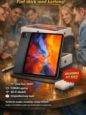 Apple iPad Pro 11” 128GB Wi-Fi 2020 - Säljer en Apple iPad Pro 11 tum (2nd Gen, 2020) med 128GB lagring och Wi-Fi. Surfplattan har en elegant svart design och levereras med originalkartong. Perfekt för streaming, studier och ritning.
