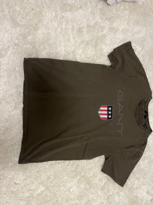 Brun GANT t-shirt med tryck - Snygg brun t-shirt från GANT med stort tryck framtill av logga och amerikanskinspirerat emblem med stjärnor och ränder. Klassisk rund halsringning och korta ärmar. Tillverkad i mjuk bomull för skön känsla.