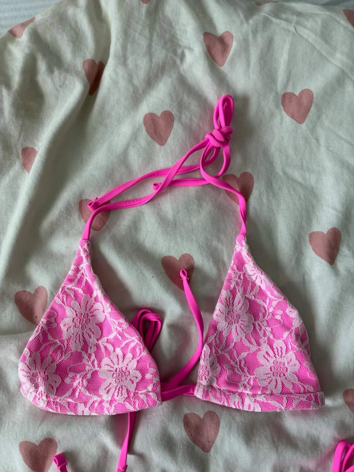 Rosa spetsbikini med knyt XS - 2