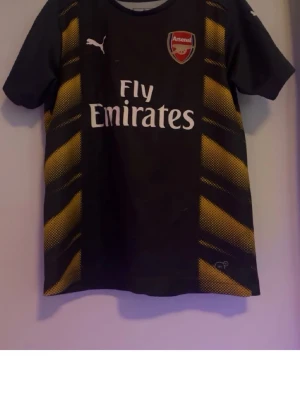 Arsenal fotbollströja Puma svart/gul - Snygg svart Arsenal tränings t-shirt från Puma med gula grafiska detaljer längs sidorna. Tryckt Arsenal-märke på bröstet och Fly Emirates-logga framtill. Tillverkad i lätt och funktionellt material, perfekt för fotbollsträning eller gym. Storlek 11-13 år.