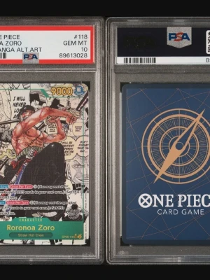 One Piece Roronoa Zoro Manga Alt Art - Säljer ett samlarkort från One Piece Card Game med Roronoa Zoro i Manga Alt Art-version. Kortet har färgstark design med svart, grönt och gult, och är innesluten i PSA-skydd. Perfekt för dig som älskar anime och samlarkortspel.