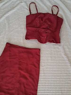Vinrött set med topp och kjol - Säljer ett vinrött set med en croppad topp med smala axelband och små silvriga detaljer framtill. Kjolen är enkel och matchar toppen perfekt. perfekt för dig som vill ha en snygg och bekväm look. Kjolen har lite deffekter och är insydd 