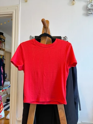 Röd ribbad t-shirt  - En röd topp med fin ribbad struktur och korta ärmar. Från Gina Tricot. Storlek M. Använd några enstaka gånger och har mycket bra skick. Kontakta vid frågor💕