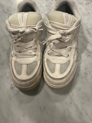 Vita sneakers med mesh och skinn - Säljer ett par vita sneakers med cool mesh på ovandelen och detaljer i syntetläder. Skorna har tjock sula, klassisk snörning och sportig vibe. Perfekta för dig som gillar streetwear och vill ha en clean look.