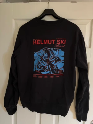 Helmut Lang - Cool svart sweatshirt från Helmut Lang med tryck i rött och blått. Framsidan har en liten logga på bröstet och baksidan har ett stort grafiskt tryck med bergsmotiv och text. Rund halsringning och ribbade muddar. Perfekt för dig som gillar streetwear och grafiska prints.