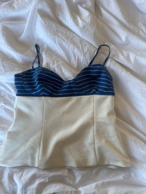 Topp från zara - Supersnygg blå,vit topp från Zara. Perfekt till sommaren. Den är använd men superfin fortfarande!💗