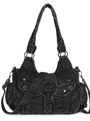 Helt ny y2k Svart denim handväska med detaljer - Cool svart handväska i denim med dubbla axelband, dekorativa spännen och flera fickor framtill. Väskan har dragkedjor med blommiga detaljer och en stor mittflik med spänne. Perfekt för dig som gillar en edgy och unik stil. Orginalpris - 899kr