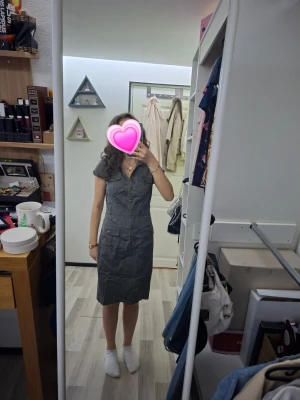 Grå skjortklänning med fickor - Säljer en snygg grå skjortklänning med korta ärmar och knappar framtill. Klänningen har två fickor på bröstet och markerad midja för en smickrande siluett. Perfekt för dig som gillar en enkel men stilren look. Aldrig använd.