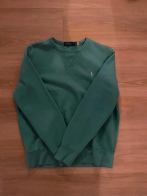 Grön sweatshirt från Polo Ralph Lauren - Mörkgrön crewneck sweatshirt från Polo Ralph Lauren med klassisk rosa broderad logga på bröstet. Tröjan har rund halsringning, ribbade muddar och är tillverkad i mjukt bomullsmaterial. Perfekt för en avslappnad och stilren look.