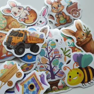 24st påsk klistermärken/stickers - Klistermärken/stickers Motiv: påsk, kanin, påskägg, höna Antal: 24st Skick: ny/oanvänd  Kul att använda till pyssel, scrapbooking och annat. Kan tex användas till att dekorera din bärbara dator, anteckningsbok, resväska, etc. 