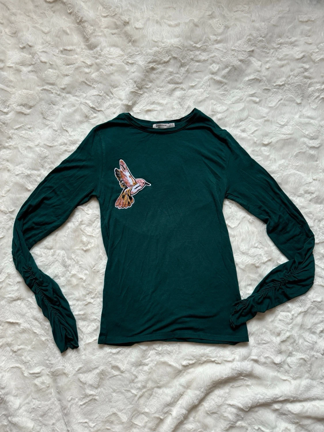 Mörkgrön topp med fågelapplikation - 1