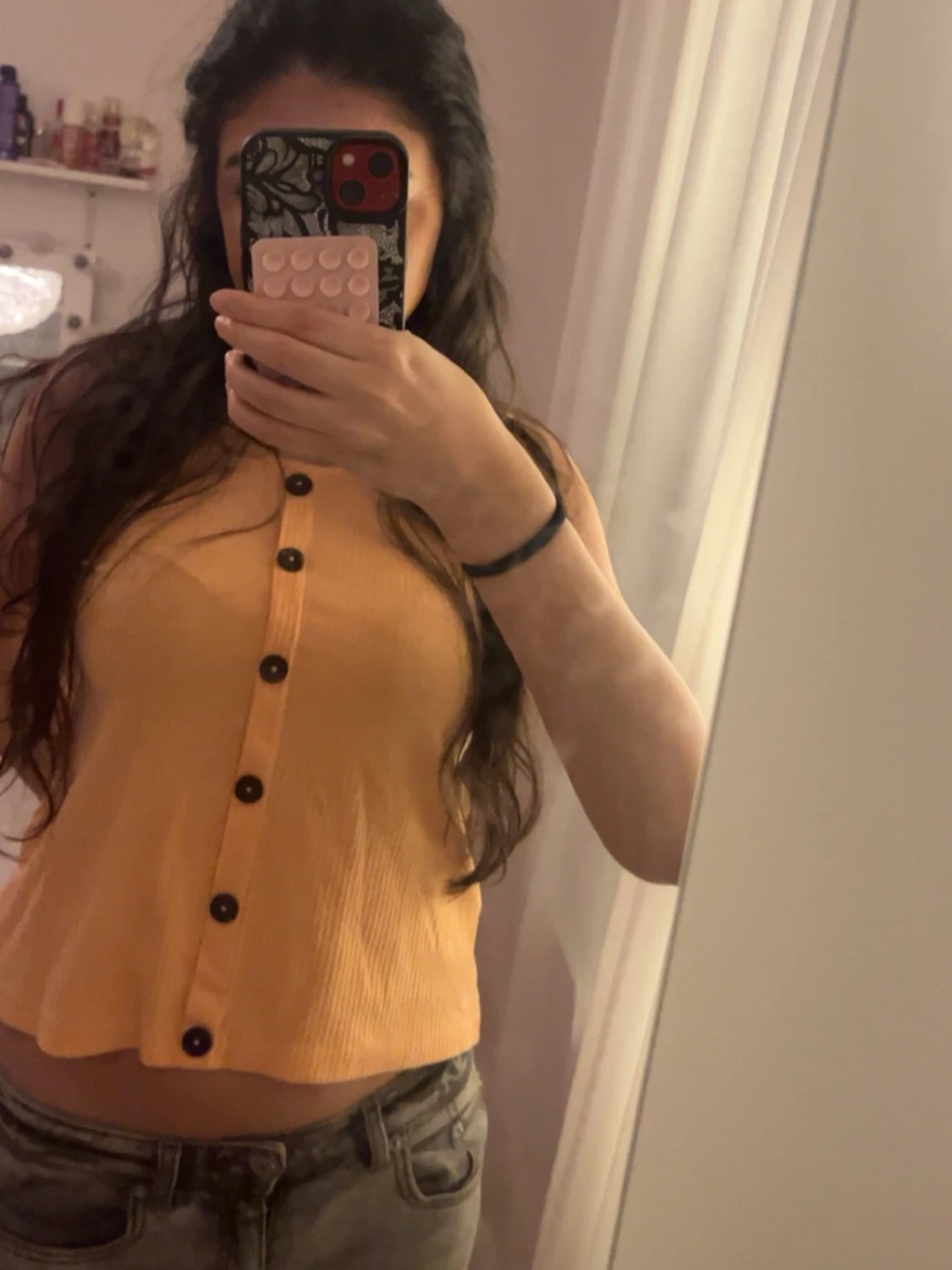 Coral orange ribbad linnetopp med knappar