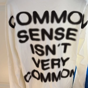 Vit långärmad tröja Zara med tryck - RARE ! Sålde slut direkt i butik! Vit långärmad tröja från Zara i bomull med rund hals och svart statement-tryck på ryggen: 'Common sense isn’t very common'. Enkel och clean framtill, perfekt för dig som gillar coola prints.