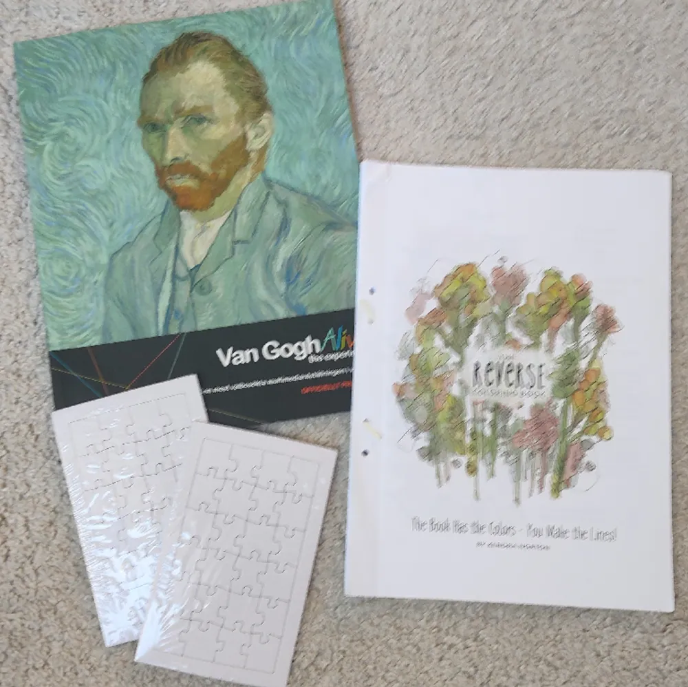 lite book bags, van Gogh utställnings bok typ, färgblock, DIY puzzle. Fråga gärna om fler bilder. Prisförslag är välkomna, annars gåre väl att ena sig om nåt :) . Övrigt.