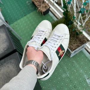 Gucci ace  - Säljer ett par riktigt feta Gucci ace skor i storlek 42. Fint skick förutom lite slitna inuti. Inget OG men skickas med en TOD’S dustbag. Authenticity checkade av Vestiaire Collective fysiska kontroll! Hör av er vid frågor eller funderingar 😁
