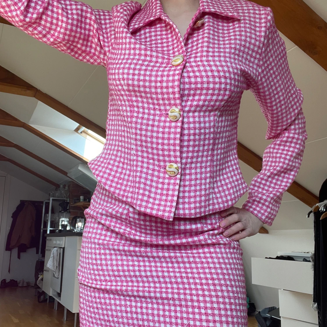 Rosavit-rutig kavaj & kjolset - 90