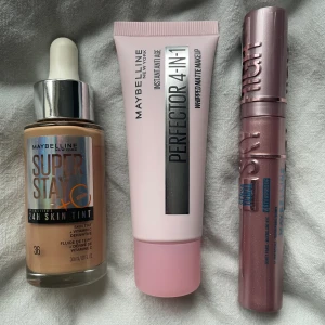 Blandat Maybelline smink - Tre Maybelline prdukter som inte har kommit till användning.   -Sky high mascara vattenfast -Superstay 24h skin tint (färg 36) -Perfector 4-in-1 (färg 02 medium)  Allt är helt nytt och ej öppnat!