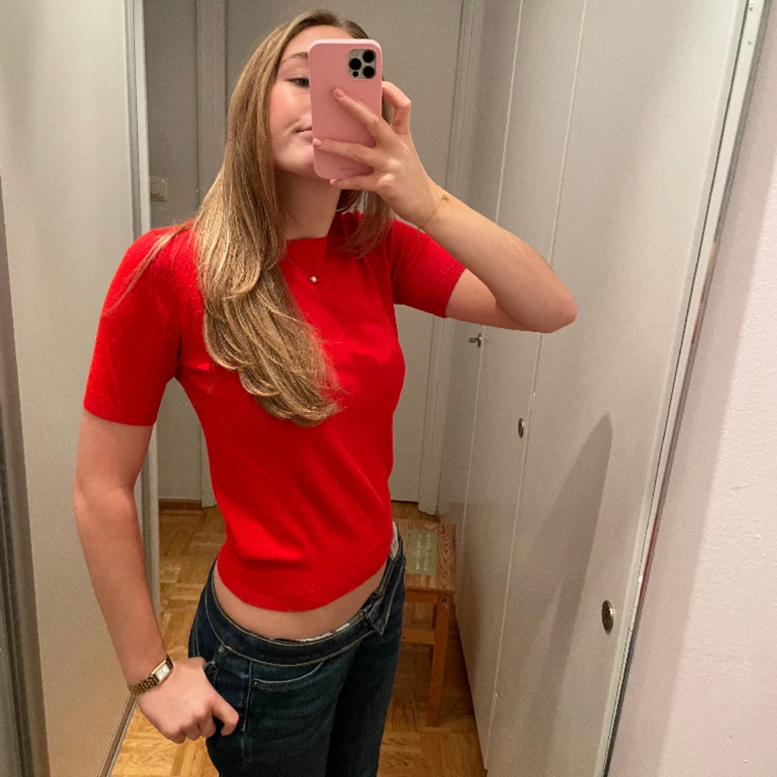 Röd/orange stickad t-tröja  - 91