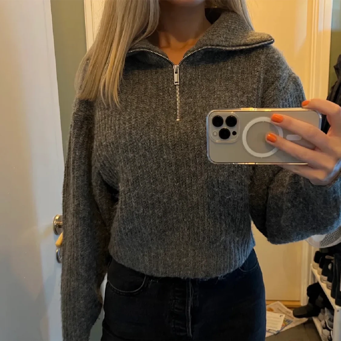 Grå stickad zip up!! - 90