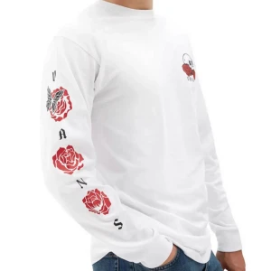 Vans tröja  - Långärmad i t-shirt material vit vans tröja med tryck i storlek large/L, i använt skick där man ser på sista bilden ett litet litet hål ifrån larmet som satt på i butik och små fläckar på mudden vid handen som också finns på bild nmr 3