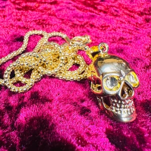 Nytt halsband med dödskalle Metal Goth Rock Punk Alternativ  - Nytt guldfärgat halsband med dödskalle.   Ett statementsmycke om något.  Amuletten är cirka 3,5 cm lång och 1,7 cm bred. Ormkedjan är 60 cm och låses med hummerlås.  Nytt och oanvänt.  Ett uppseendeväckande och ovanligt smycke. 
