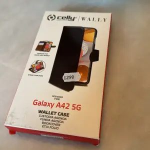 Plånboksfodral till Samsung Galaxy A42. Svart, tre korthållare. Nypris 299kr.