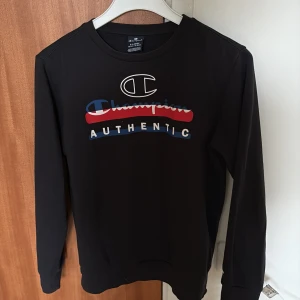 Svart Champion sweatshirt med tryck - Svart sweatshirt från Champion med stort färgglatt tryck på bröstet i blått, rött och vitt där det står 'Champion Authentic'. Tröjan har rund halsringning och långa ärmar. Perfekt för en chill och sportig stil.