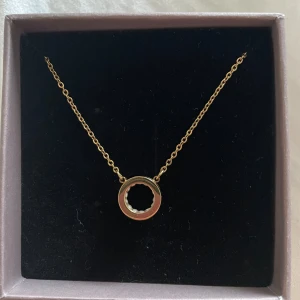 Guldigt halsband från Edblad - Snyggt halsband från Edblad med en tunn guldfärgad kedja och ett runt hänge. Hänget är cirkelformat med små gnistrande stenar på insidan som ger en elegant touch. Perfekt för dig som gillar stilrena smycken med lite extra bling. Knappt använt och har mest bara legat i lådan, nypris 399kr.