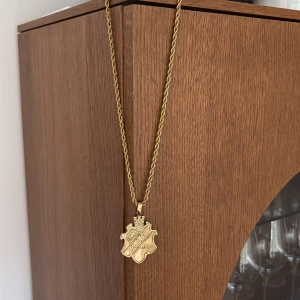 AIK guldhalsband med emblem - Snyggt guldhalsband med tvinnad kedja och en sköldformad medaljong med AIK:s klassiska emblem och krona. Perfekt för dig som vill visa ditt AIK-supporterhjärta med stil. Medaljongen har detaljer som sol och texten '1891'.