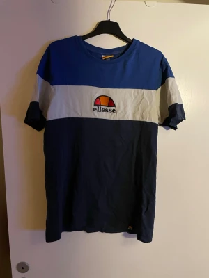 Blå och vit t-shirt från Ellesse - Snygg t-shirt från Ellesse i blått och vitt med breda blockränder och klassisk logga broderad på bröstet. T-shirten har rund hals och korta ärmar, perfekt för en avslappnad och sportig stil. Tillverkad i mjuk bomull för skön komfort.