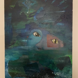 Tavla  - Det här är en målning, inte en bok. Bilden visar ett konstverk med mystiska ögon och abstrakta färger i blått och grönt. Perfekt för dig som gillar unika och fantasifulla motiv till ditt rum eller kreativa utrymme.