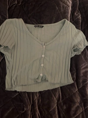 Grön ribbad croppad topp från SHEIN - Supersöt ljusgrön croppad topp från SHEIN i storlek S. Toppen har korta ärmar, v-ringning och knappar framtill. Materialet är ribbat och stretchigt. Funderingar? Skriv till mig💕