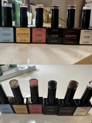 Gelpolish Factory - Säljer 6st gellack från märket ”gelpolish factory”. Dessa säljs som ett paket. Några använda men mycket produkt kvar i den blå, guldiga, rosa och svarta. Den bruna och vita är halvfulla! 🩷