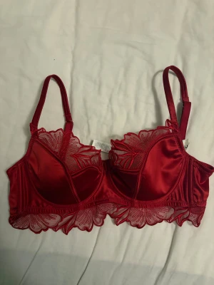 Röd spets-bh med blommigt mönster - Säljer denna slutsålda efterfrågade bh från intimissimi. Aldrig använd, endast testad. Storlek 80C, passar även 75 då den inte är stretchig i banden